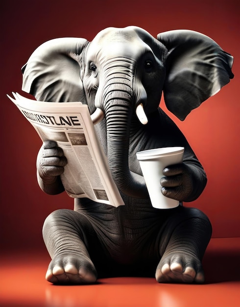 Zdjęcie słoń siedzi przy stole z gazetą i filiżanką kawy