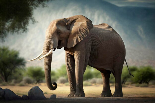Słoń stoi przed górą.