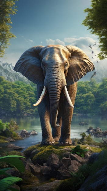 Słoń stojący na skale w malowniczym krajobrazie