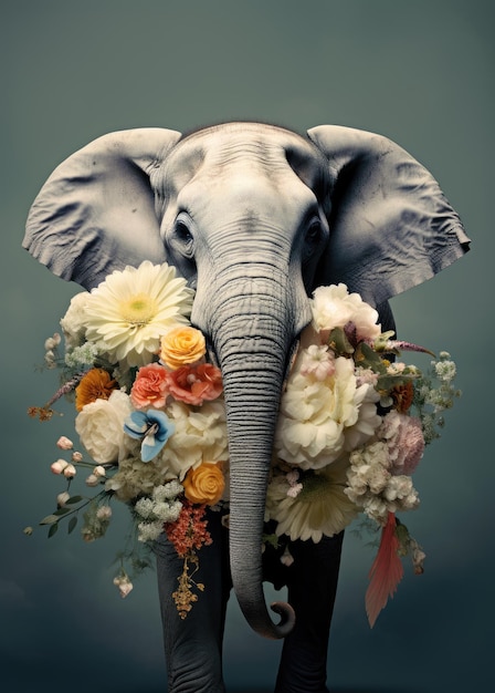 Słoń trzymający bukiet kwiatów kreatywnych świątecznych kartek z pozdrowieniami projekt koncepcji walentynek