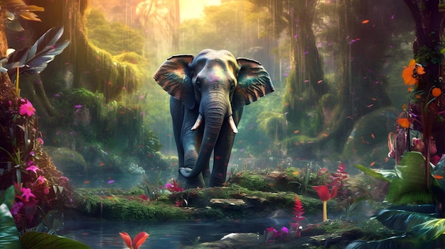 Słoń w fantastycznej i pięknej dżungli generowany przez sztuczną inteligencję