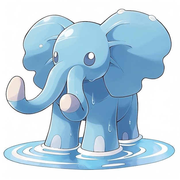 Słoń z kreskówki stojący w wodzie z trąbką w górze