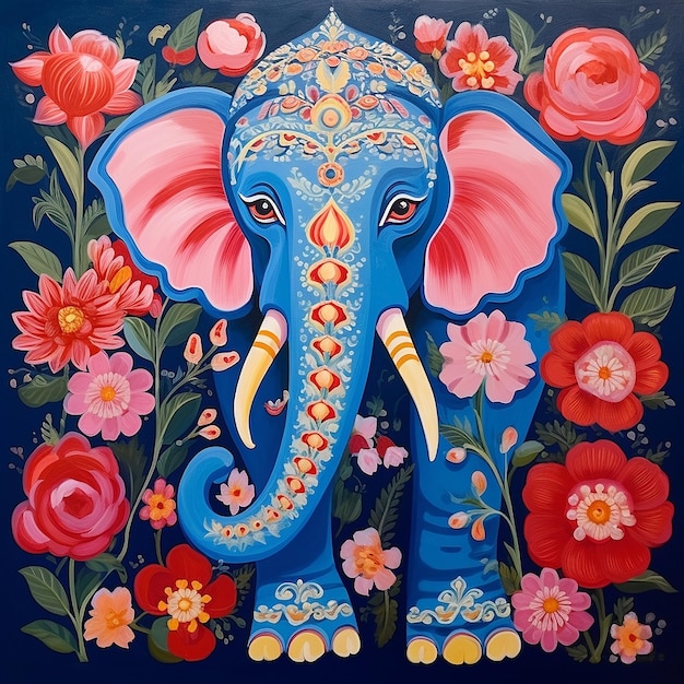 Słoń z kwiatami ilustracja farba olejowa