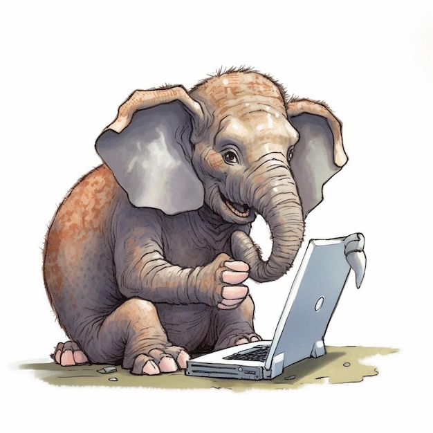 Zdjęcie słoń z laptopem na kolanach i słowem słoń na nim