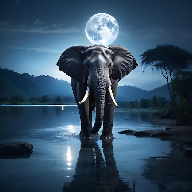Zdjęcie słoń z trąbą wzniesioną w powietrze i kłami lśniącymi w świetle księżyca ai generated