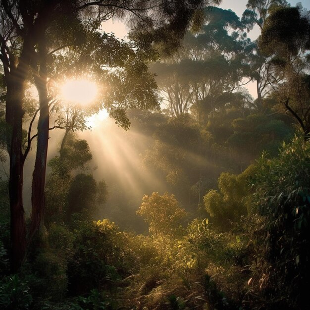 Słońce promienie słoneczne lub światło w drzewach leśnych dla porannego pokoju lasy i ai generowane zrównoważony rozwój