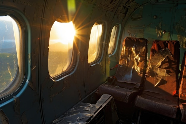 Słońce świecące przez rozbite okna samolotu stworzone za pomocą generatywnej sztucznej inteligencji
