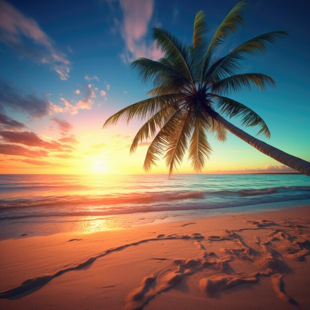 Słońce świeci i jest piaszczysta plaża z palmami.