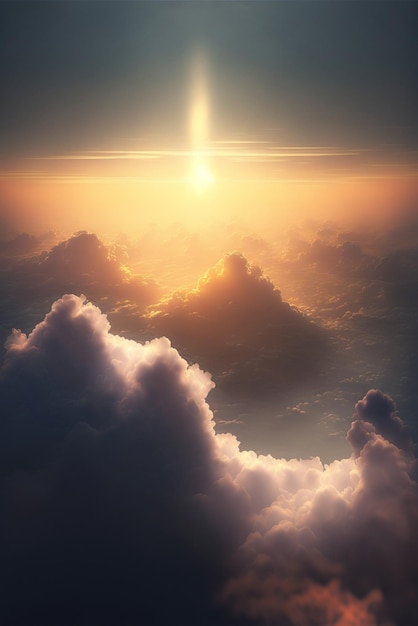 Słońce świeci ponad chmurami na niebie generatywnym ai