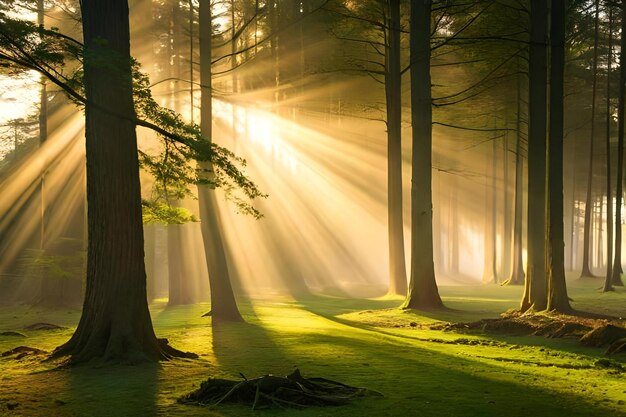 Słońce świeci przez drzewa.