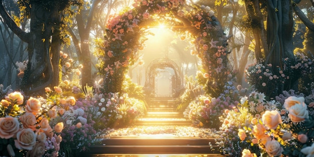 Słońce świeci przez tunel z kwiatami w lesie.