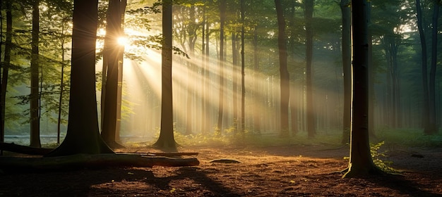 Słońce świeci przez zielony las.