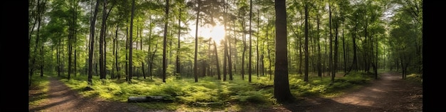 słońce wpadające przez zielony las w stylu panoramy