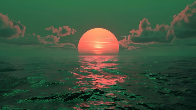 Słońce wschodzi nad oceanem z chmurami i słońcem na tle.