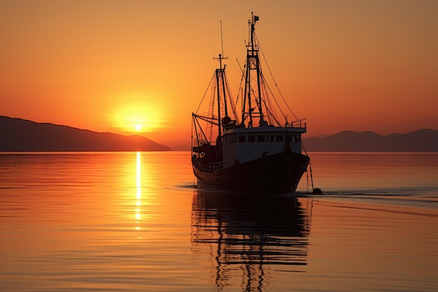 Słońce zachodzące za trawlerem rybackim na spokojnych wodach stworzone za pomocą generatywnej sztucznej inteligencji
