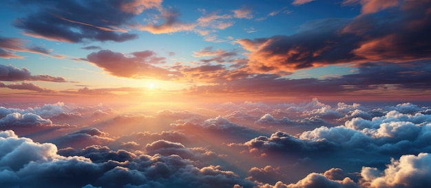 Słońce zachodzi na złotym niebie Niebieskie niebo z kilkoma chmurami o różnych kształtach chmurne niebieskie piękne widoki