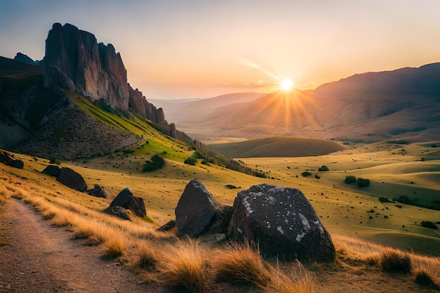Słońce zachodzi nad doliną ze skałami i górami w tle.