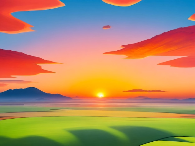 Zdjęcie słońce zachodzi nad hipnotyzującymi zielonymi polami, niebo jest pomarańczowo-czerwone i fioletowe, sylwetka gór.