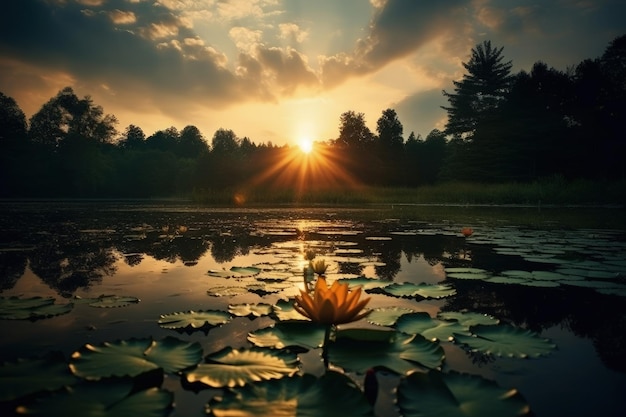 Słońce zachodzi nad jeziorem z liliami.
