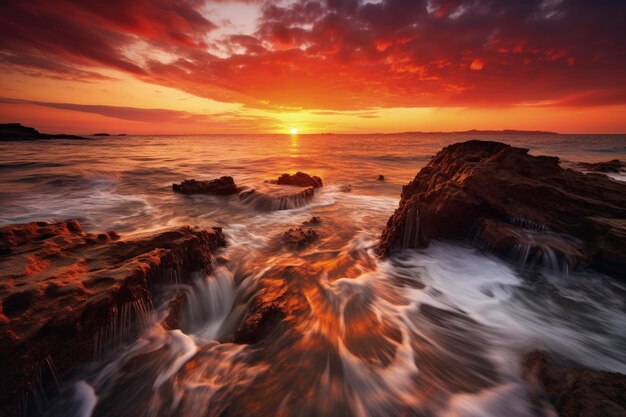 Słońce zachodzi nad oceanem i skałami.