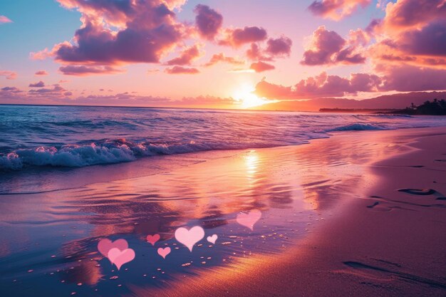 Słońce zachodzi nad piaszczystej plaży rzucając ciepły blask na serca wyrzeźbione w piasku spokojna plaża zachodzi na zachodzie słońca z sercami na niebie AI generowane