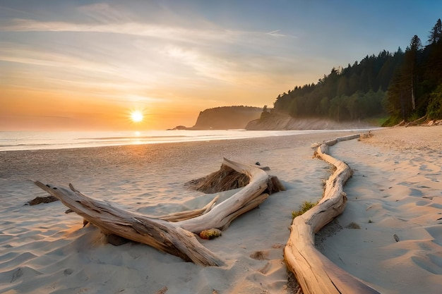 Zdjęcie słońce zachodzi nad plażą z drewnem i kłodą.