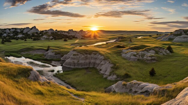 Słońce zachodzi nad polem golfowym.