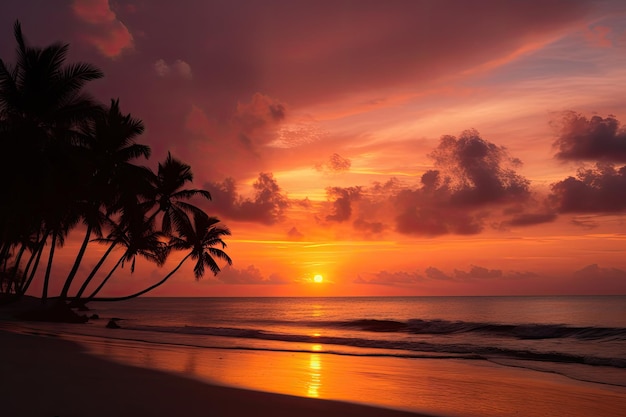 Słońce zachodzi nad spokojnym morzem i palmami w ciepłych tonach generatywnych IA