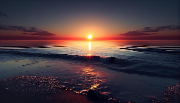 Słońce zachodzi nad wodą na plaży generatywnej sztucznej inteligencji