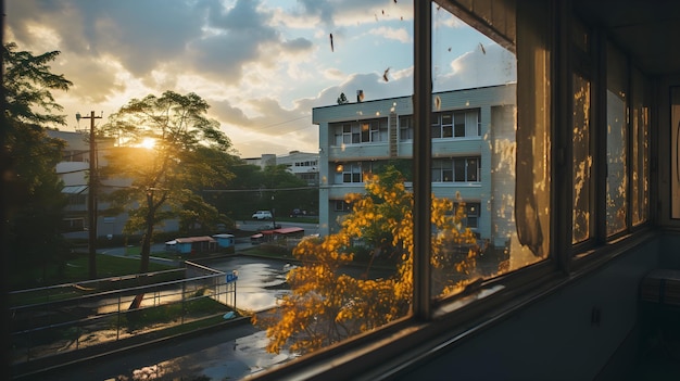 słońce zachodzi za oknem Widok z okna szkoły