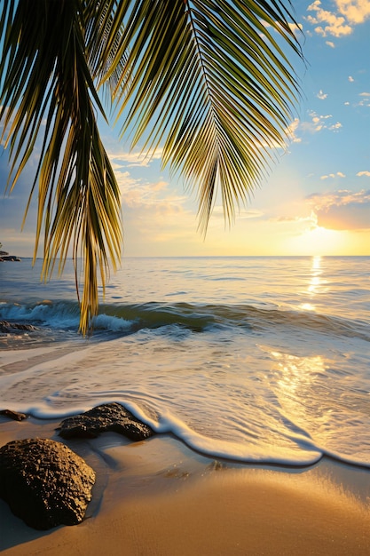 Słoneczna egzotyczna plaża nad oceanem z palmami o zachodzie słońca na wakacjach Generacyjna AI