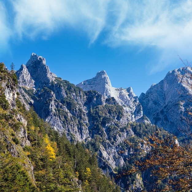 Słoneczna kolorowa jesienna scena alpejska Spokojny widok na skaliste góry ze ścieżki spacerowej w pobliżu jeziora Almsee Górna Austria