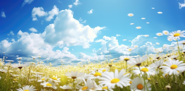 Słoneczna łąka białych margarit pod majestatycznym niebem wypełnionym chmurami Generatywna sztuczna inteligencja