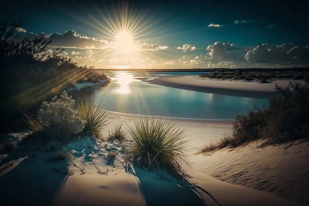 Zdjęcie słoneczna letnia błękitna laguna z krajobrazem piaszczystego brzegu generacyjna sztuczna inteligencja