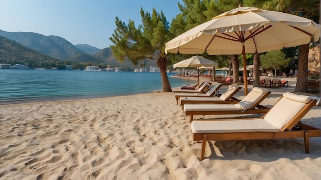 Słoneczna plaża z palmami, krzesłami i parasolami