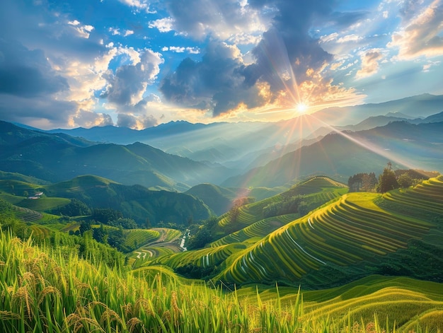 Słoneczna scena z widokiem na chińską plantację ryżu