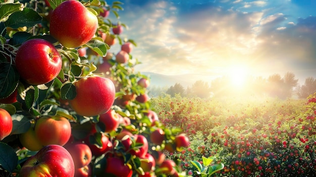 Słoneczna scena z widokiem na plantację jabłek z wieloma jabłkami jasnego, bogatego koloru