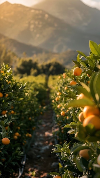Słoneczna scena z widokiem na plantację pomarańczy z wieloma pomarańczami jasnego, bogatego koloru