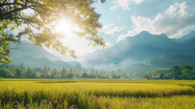 Słoneczna scena z widokiem na plantację ryżu w Wietnamie