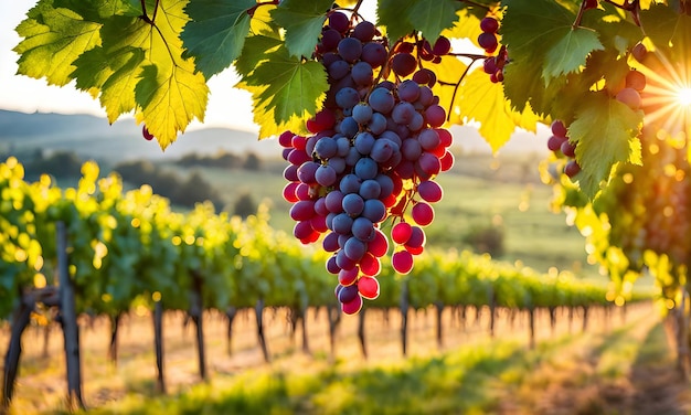 Słoneczna winnica z gromadkami dojrzałych winogron