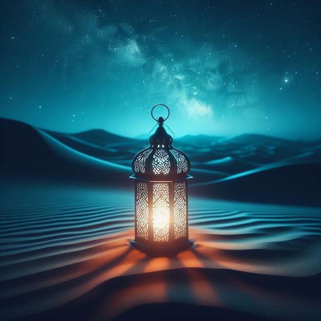 Zdjęcie słoneczna wydma pustyni świeci lampą ramadanu w gwiezdną noc.