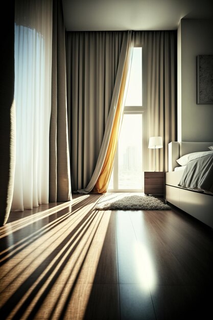 Zdjęcie słoneczna zasłona o długości podłogi we współczesnej sypialni