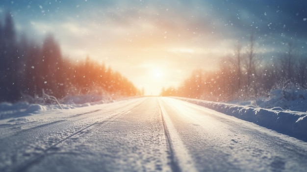 Słoneczna zimowa droga pokryta śniegiem Generative AI