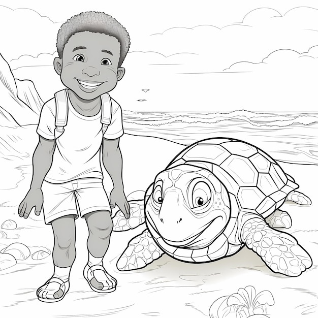 Słoneczne i morskie żółwie kolorowania Strona Afrykańsko-amerykański chłopiec Plaża