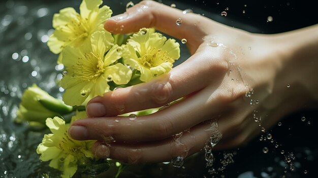 Zdjęcie słoneczne kwiaty błyszczące z kropelami rosy delikatnie trzymane w ręku