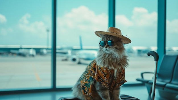Słoneczne okulary, puszysty kot w turystycznej koszuli i kapeluszu siedzący na dużej walizce Generative Ai