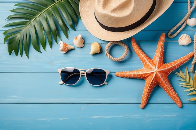 Słoneczne okulary ze słomkowego kapelusza, liście palmowe, liny, muszle morskie i gwiazdy morskie na niebieskim drewnianym stole w stylu płaskim