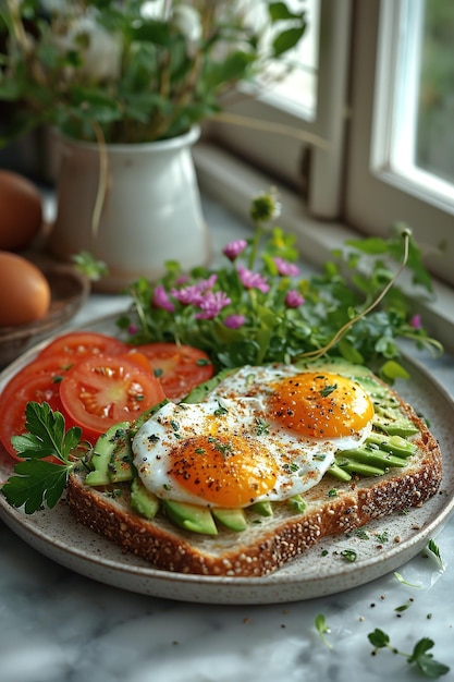 Słoneczne śniadanie z jajem na tostie z awokado w otoczeniu zieleni Doskonałe do kulinarnej