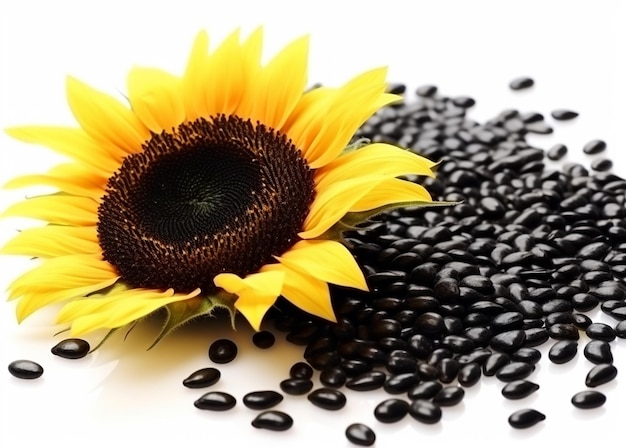 Zdjęcie słonecznik i nasiona są ułożone na stole