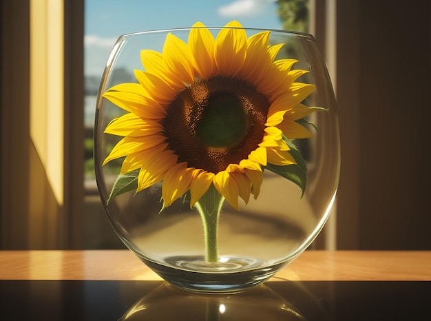słonecznik jest w przezroczystej szklanej wazonie na stole